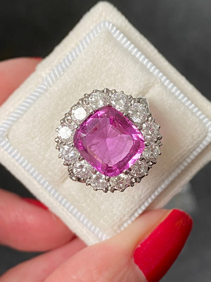 5.51 Carat Cushion Cut Pink Sapphire and 2.10ctw Diamond Halo Ring in Platinum