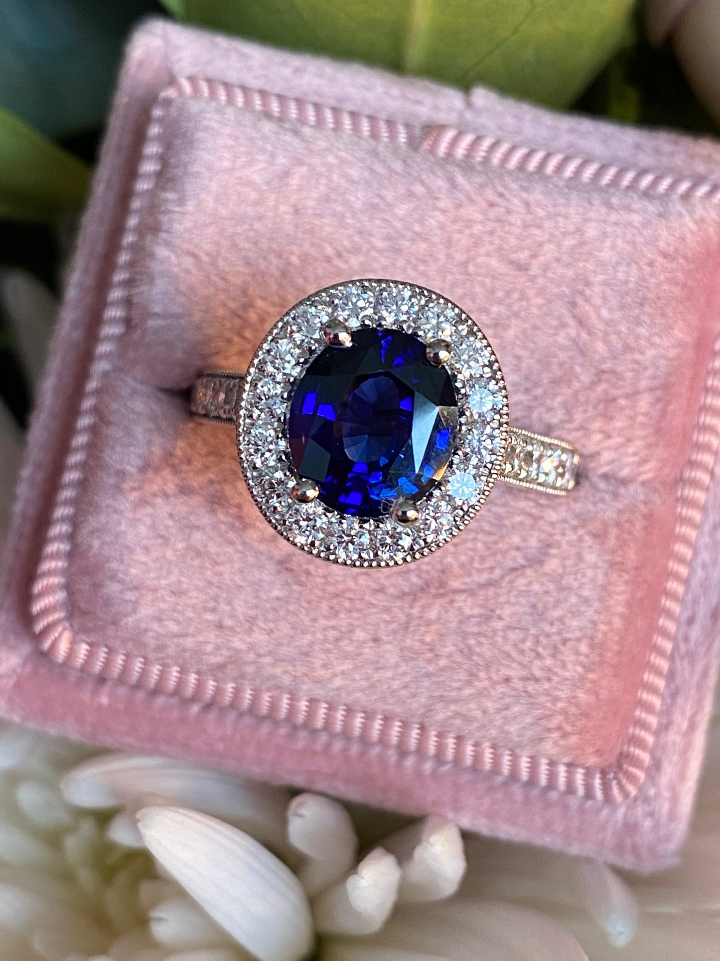 2.10 Carat Blue Ceylon Sapphire and 0.77ctw Natural Diamond Halo Ring in Platinum