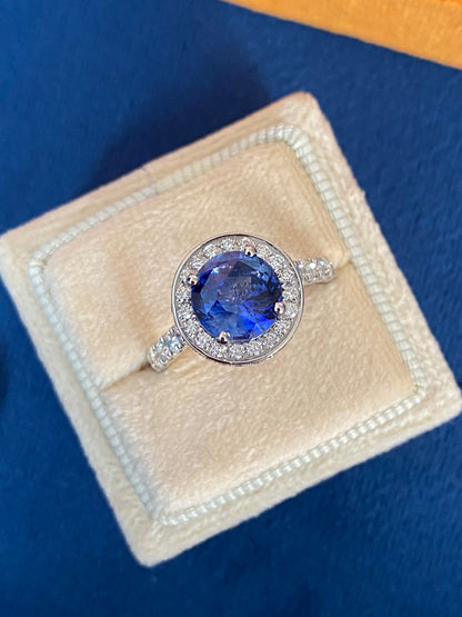 3.65 CTW Blue Ceylon Sapphire and Natural Diamond Double Halo Ring in Platinum