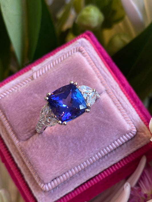 3.76 CTW Cushion Cut Tanzanite and Diamond Ring in Platinum