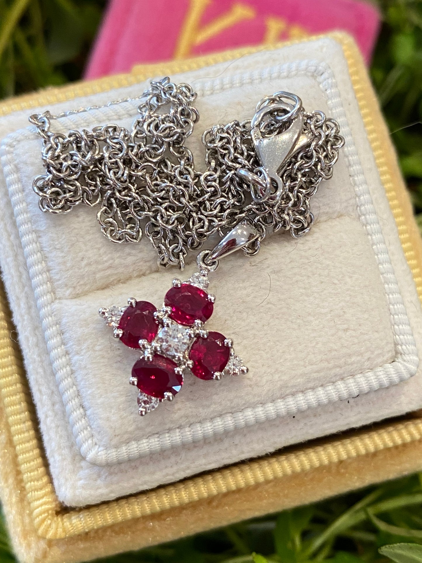 Vintage Ruby and Diamond Pendant Necklace in 18ct White Gold