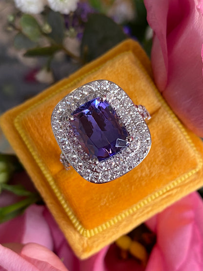 5.42 Carat Cushion Cut Tanzanite and 1.68 ctw Natural Diamond Cocktail Ring in Platinum