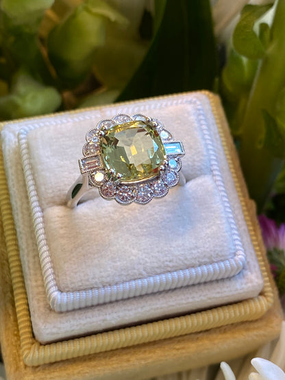 4.13 CTW Cushion Cut Yellow Aquamarine and Natural Diamond Halo Engagement Ring in Platinum