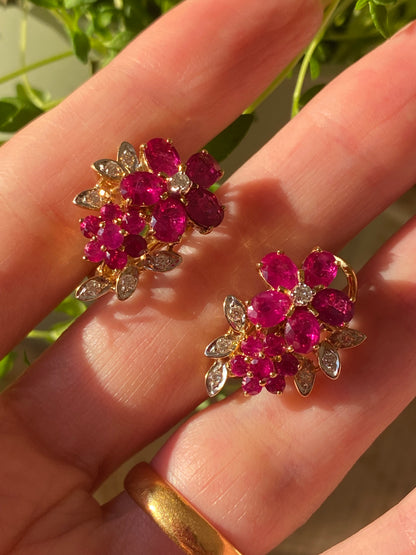 Vintage Burmese Ruby and Diamond Earrings in 18ct Yellow Gold