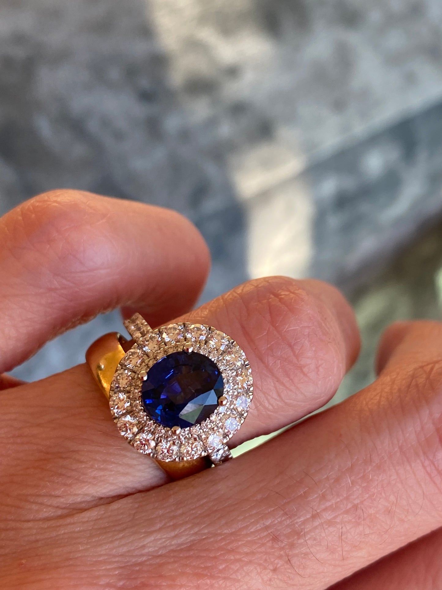 3.33 CTW Blue Ceylon Sapphire and Natural Diamond Halo Ring in Platinum