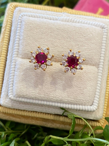 Ruby and Diamond Halo Earrings in 18ct Yellow Gold