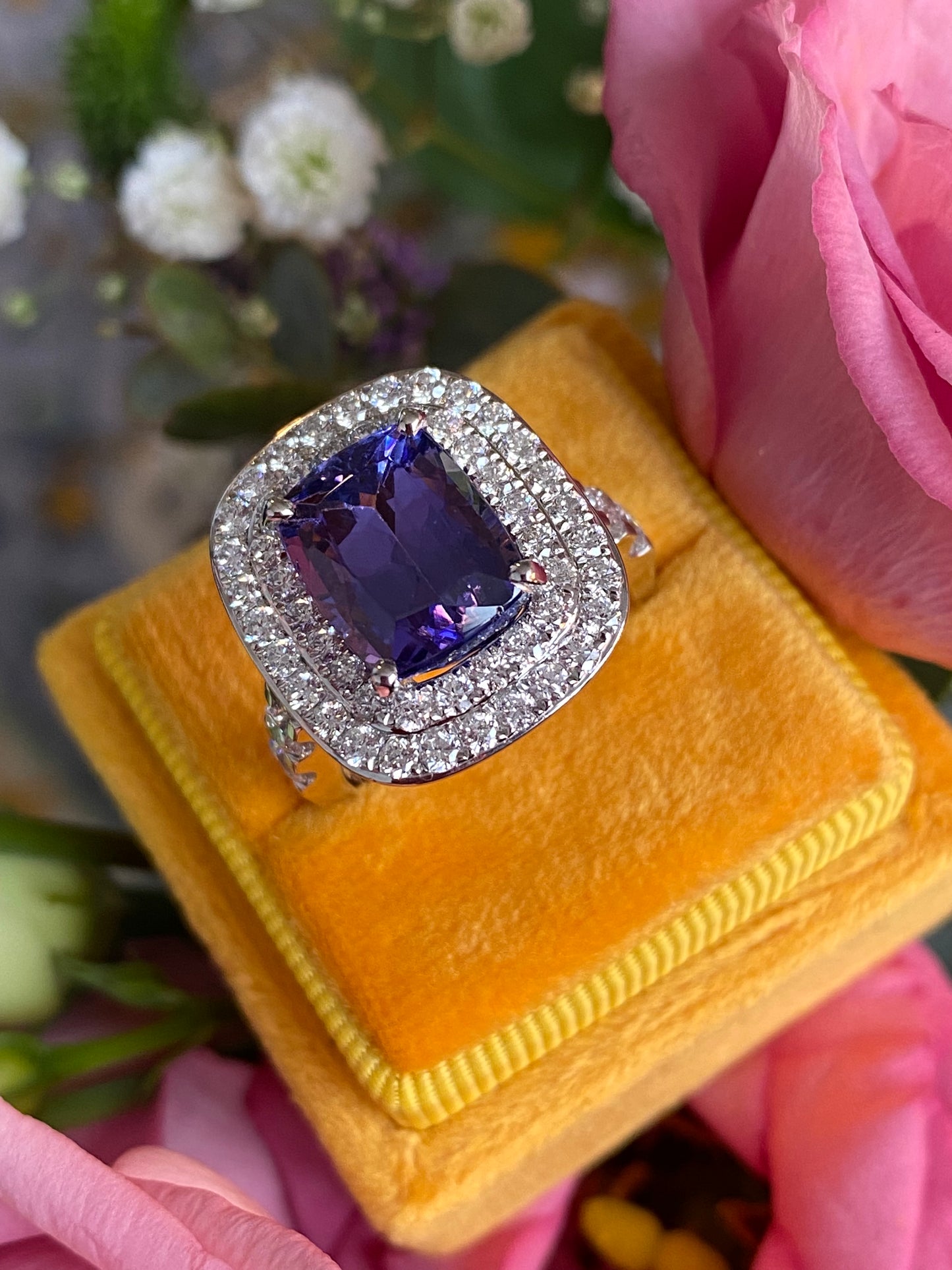 5.42 Carat Cushion Cut Tanzanite and 1.68 ctw Natural Diamond Cocktail Ring in Platinum