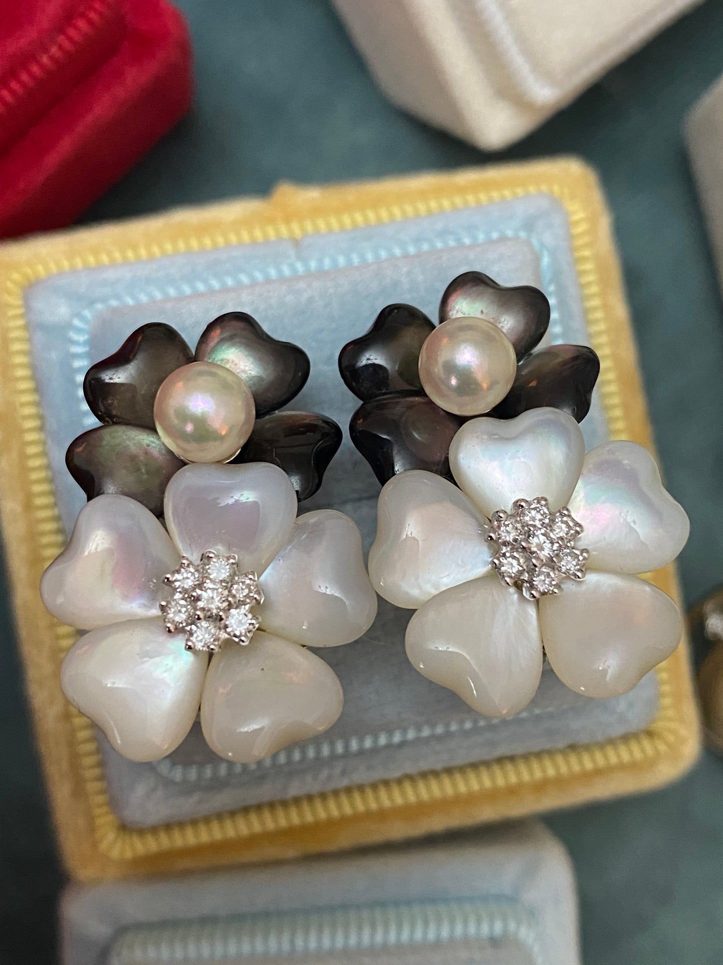 Statement Pearl, Diamond, and Mother of Pearl Flower Earrings in 18ct White Gold