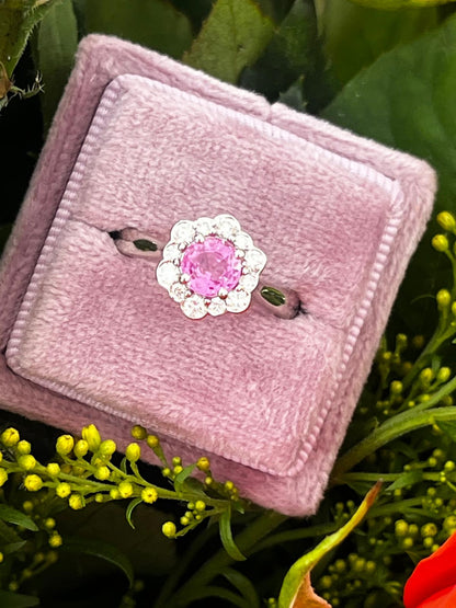 1.26 CTW Round Cut Pink Sapphire and Natural Diamond Halo Engagement Ring in Platinum