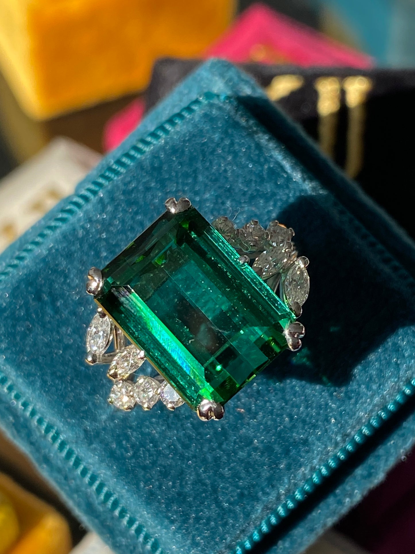 8.00 Carat Emerald Cut Green Tourmaline and Diamond Ring in 18ct White Gold