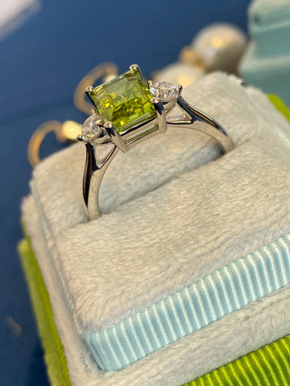 2.06 CTW Carat Peridot and Diamond Three Stone Engagement Ring in Platinum