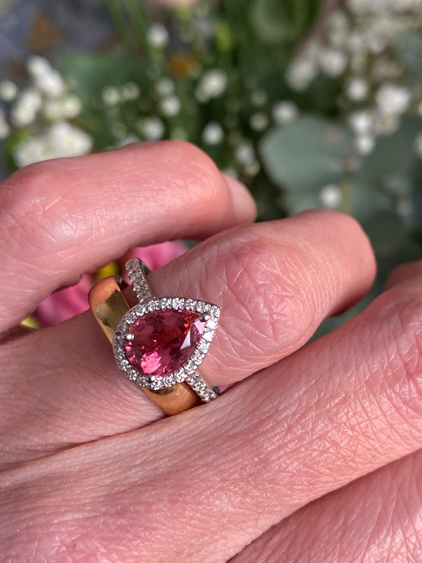 2.11 Carat Pear Cut Pink Tourmaline and Natural Diamond Ring in Platinum