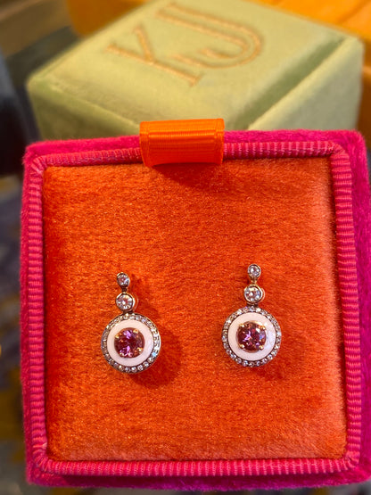 Pink Tourmaline, Diamond and Enamel Drop Earrings in 18ct Yellow Gold