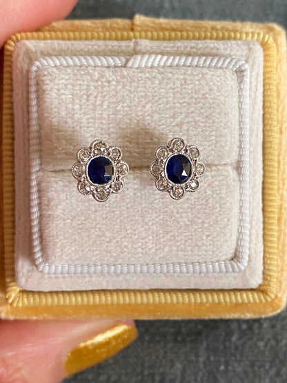 Antique Sapphire and Old Cut Diamond Halo Earrings in 18ct White Gold