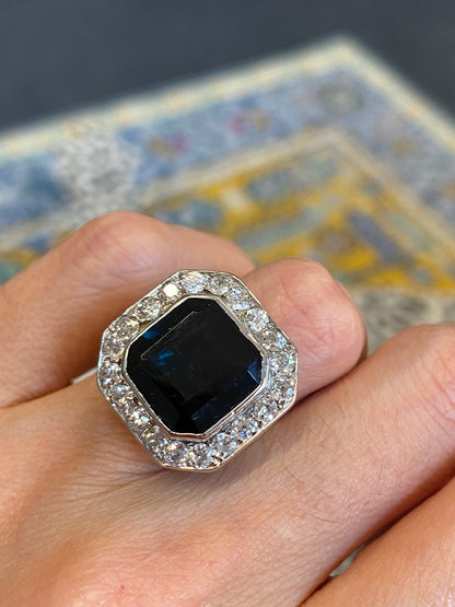 9.50 CTW Midnight Blue Sapphire and Natural Diamond Antique Art Deco Engagement Ring in Platinum