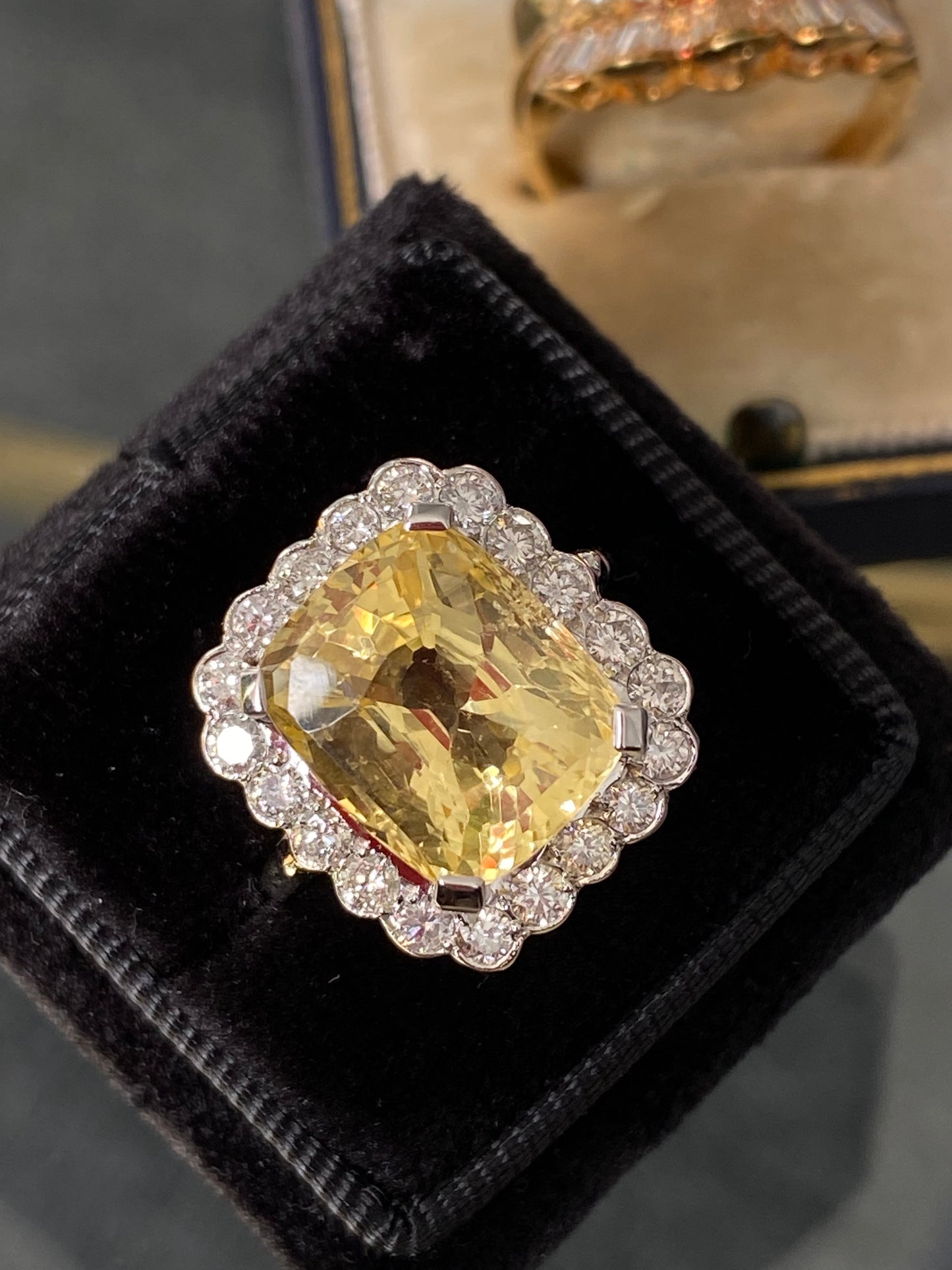 11.32 Carat Certified Unheated Yellow Sapphire and 1.05 Carat Diamond Ring