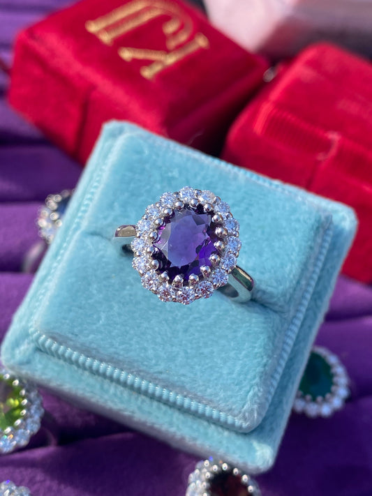 2.33 CTW Oval Cut Amethyst and Moissanite Halo Cocktail Ring in Sterling Silver