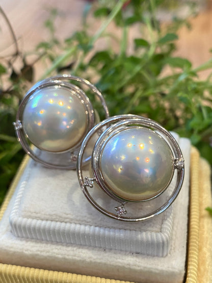 Vintage French Mabe Pearl and Diamond Earrings in 18ct White Gold