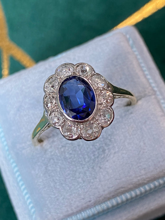 2.00 CTW Antique Edwardian Blue Sapphire and Diamond Ring in 18ct Gold