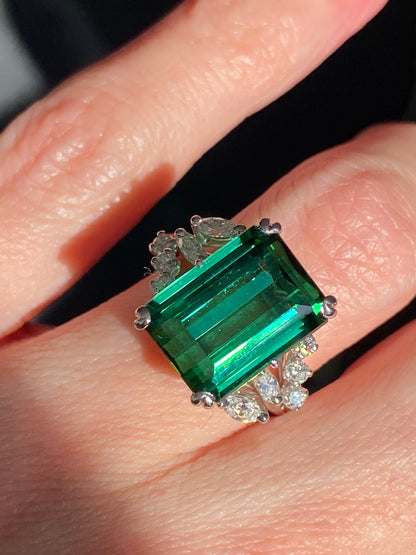 8.00 Carat Emerald Cut Green Tourmaline and Diamond Ring in 18ct White Gold