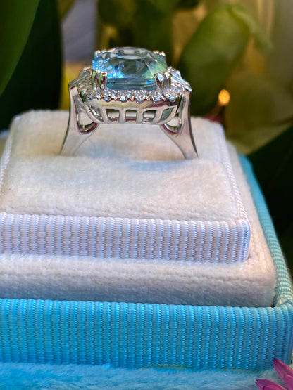 5.12 CTW Cushion Cut Aquamarine and Natural Diamond Halo Engagement Ring in Platinum