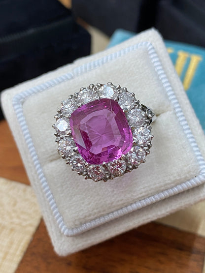 5.51 Carat Cushion Cut Pink Sapphire and 2.10ctw Diamond Halo Ring in Platinum