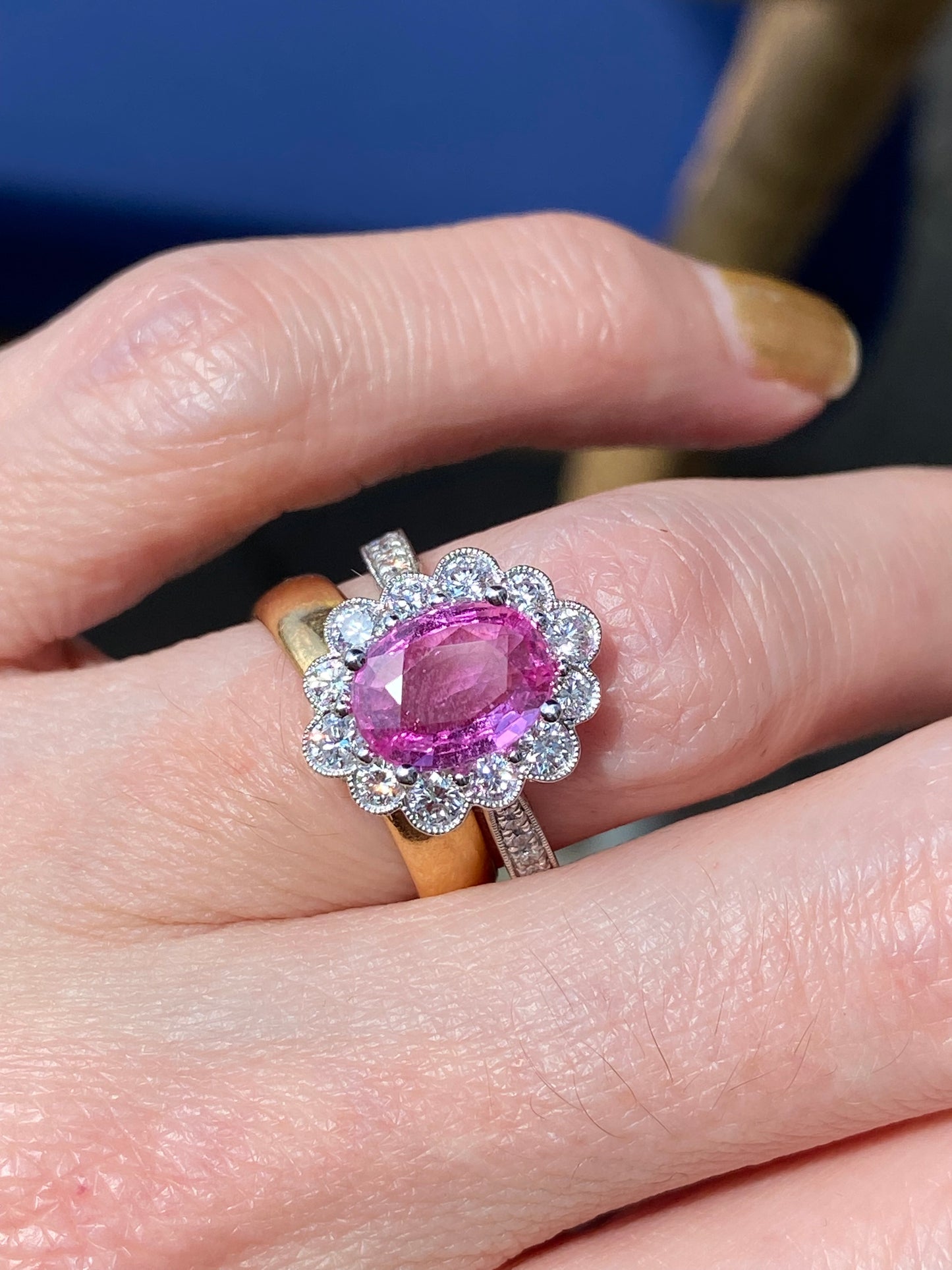 2.02 Carat Oval Cut Pink Sapphire and 0.90 CTW Natural Diamond Halo Ring in Platinum