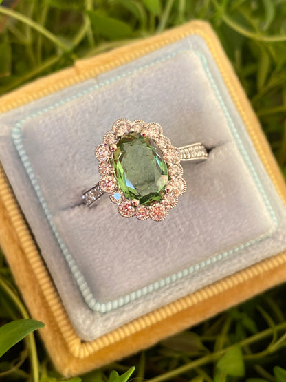 1.88 Carat Oval Cut Mint Tourmaline and Natural Diamond Ring in Platinum