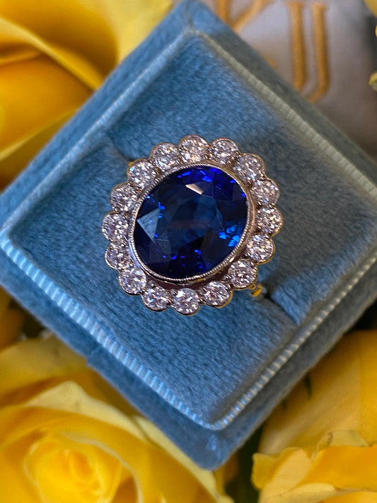 5.35 Carat Blue Ceylon Sapphire and Diamond Halo Ring in 18ct Gold