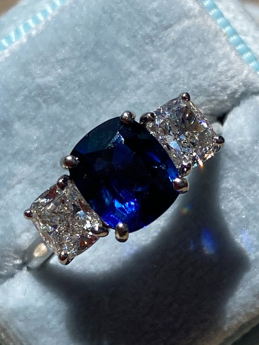 3.31 CTW Blue Ceylon Sapphire and Natural Diamond Three Stone Engagement Ring in Platinum