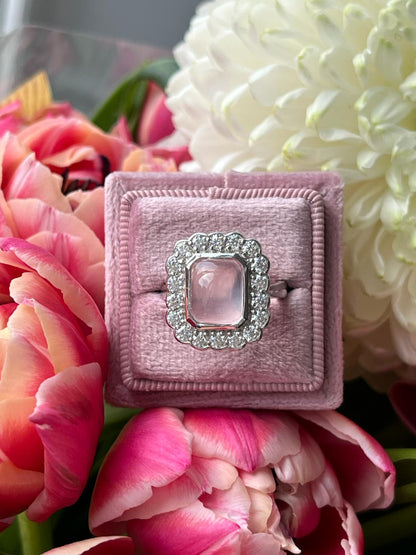 4.50 CTW Cabochon Cut Rose Quartz and Moissanite Halo Cocktail Ring