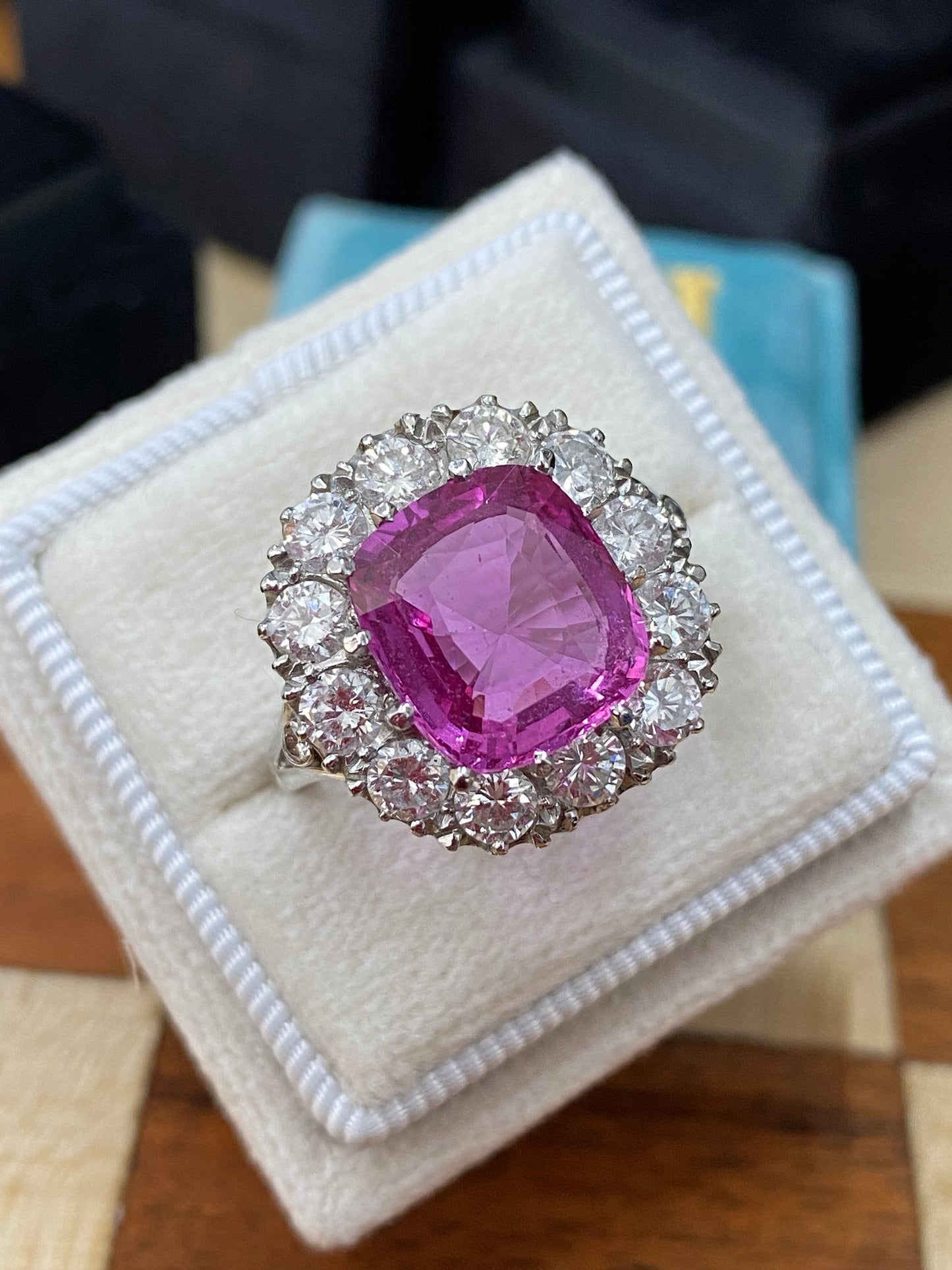 5.51 Carat Cushion Cut Pink Sapphire and 2.10ctw Diamond Halo Ring in Platinum