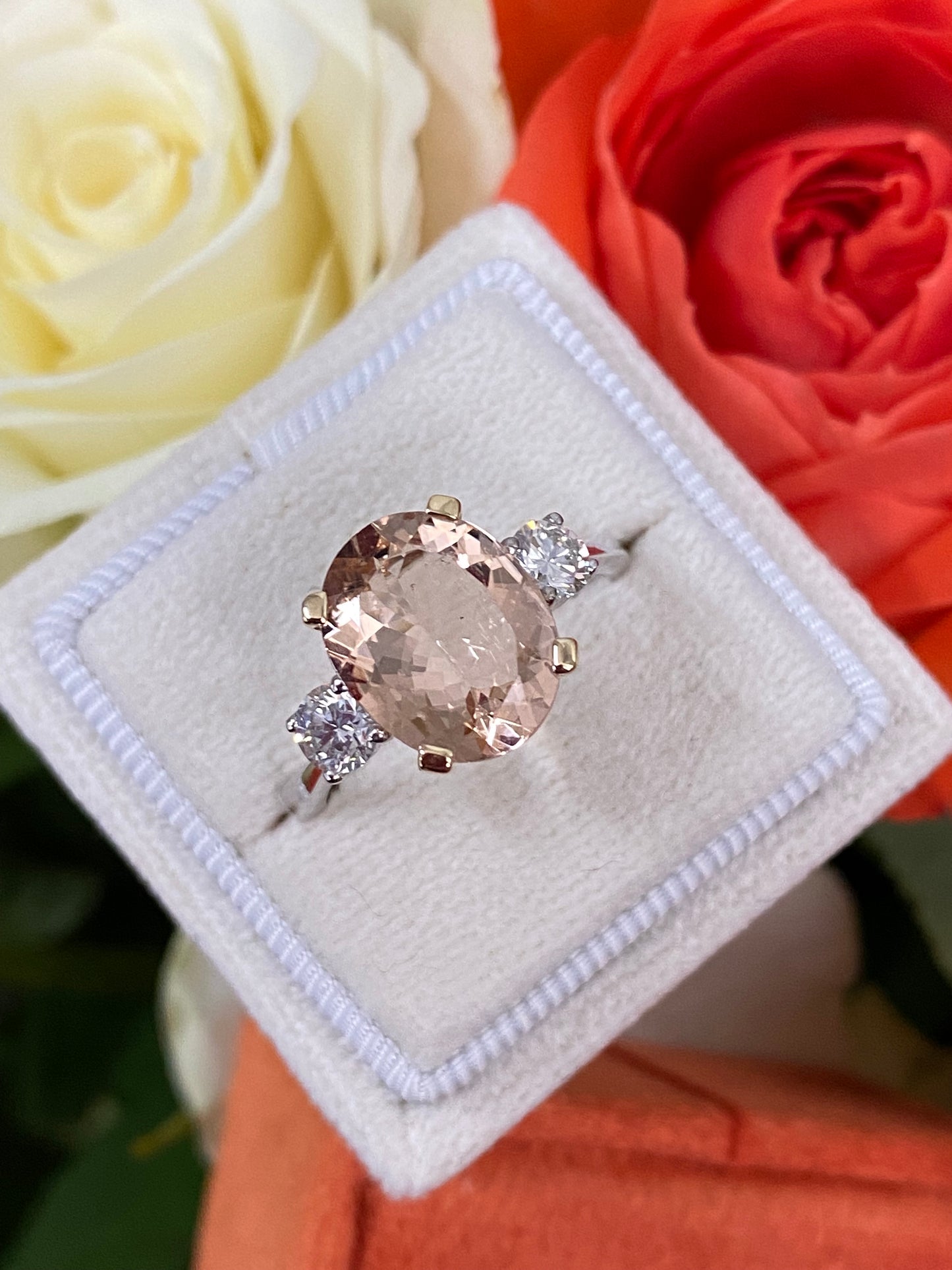 3.11ct Oval Cut Morganite and Diamond Three Stone Engagement Ring in 18ct Gold