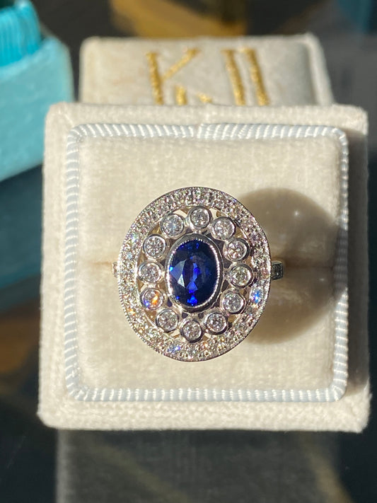 1.70 CTW Belle Époque Style Sapphire and Diamond Ring in 18ct Gold