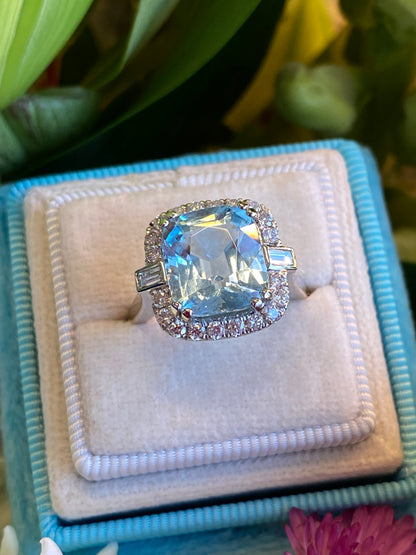 5.12 CTW Cushion Cut Aquamarine and Natural Diamond Halo Engagement Ring in Platinum