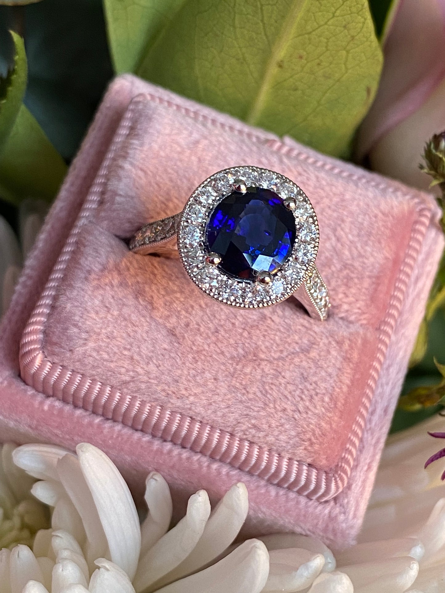 2.10 Carat Blue Ceylon Sapphire and 0.77ctw Natural Diamond Halo Ring in Platinum