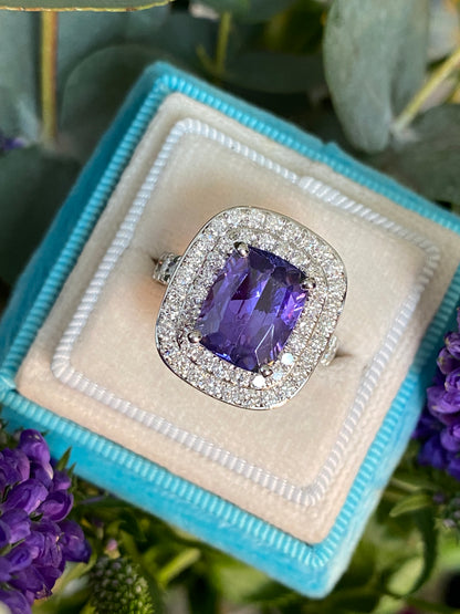 5.42 Carat Cushion Cut Tanzanite and 1.68 ctw Natural Diamond Cocktail Ring in Platinum