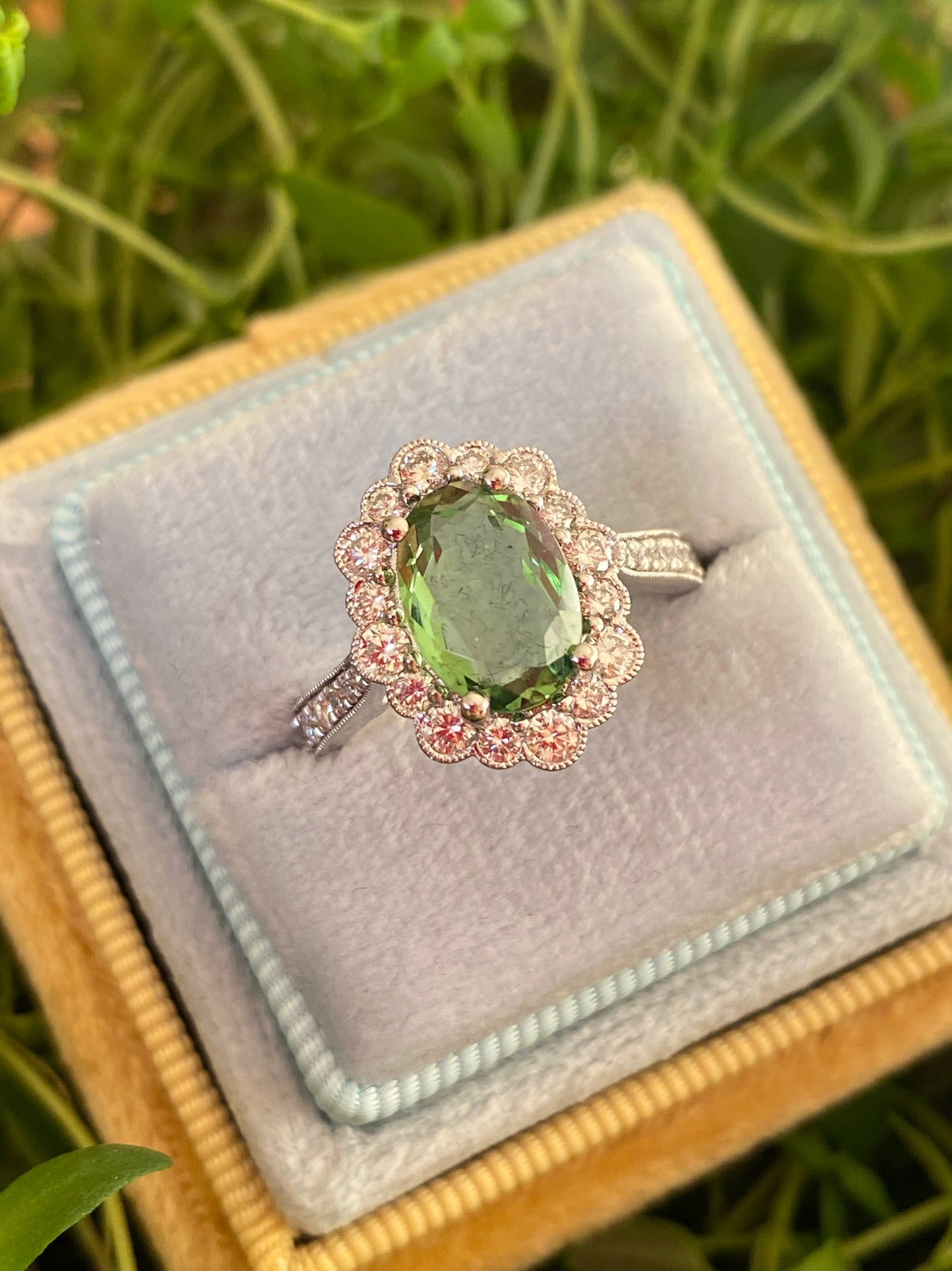 1.88 Carat Oval Cut Mint Tourmaline and Natural Diamond Ring in Platinum