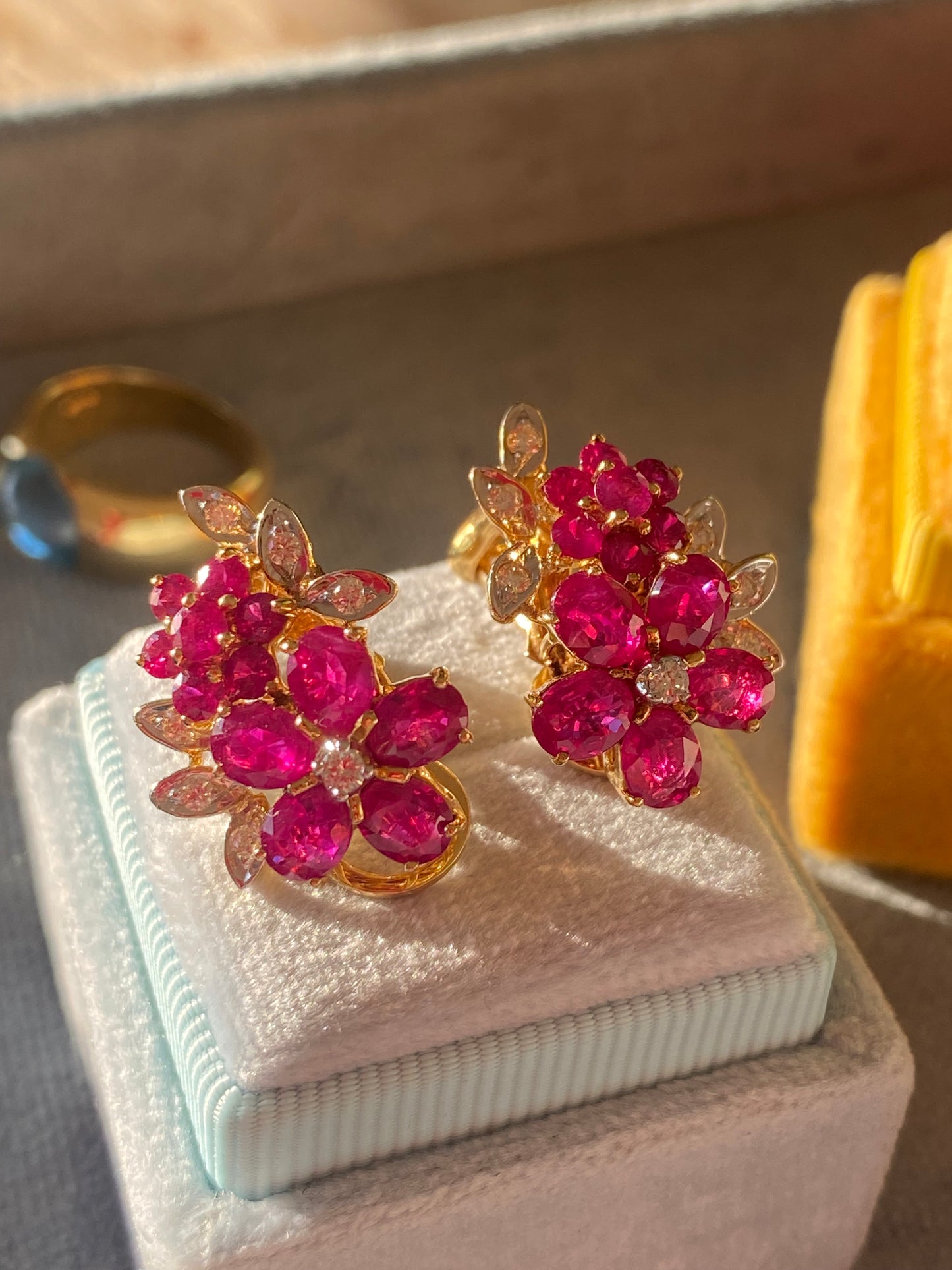 Vintage Burmese Ruby and Diamond Earrings in 18ct Yellow Gold