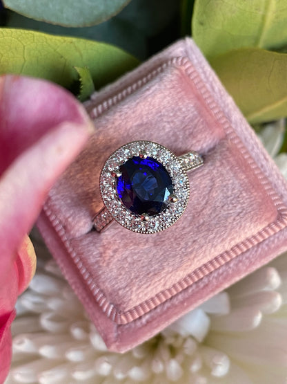 2.10 Carat Blue Ceylon Sapphire and 0.77ctw Natural Diamond Halo Ring in Platinum