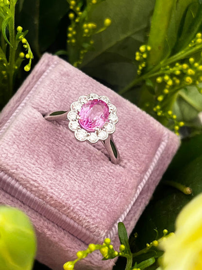 1.94 CTW Oval Cut Pink Sapphire and Natural Diamond Halo Engagement Ring in Platinum