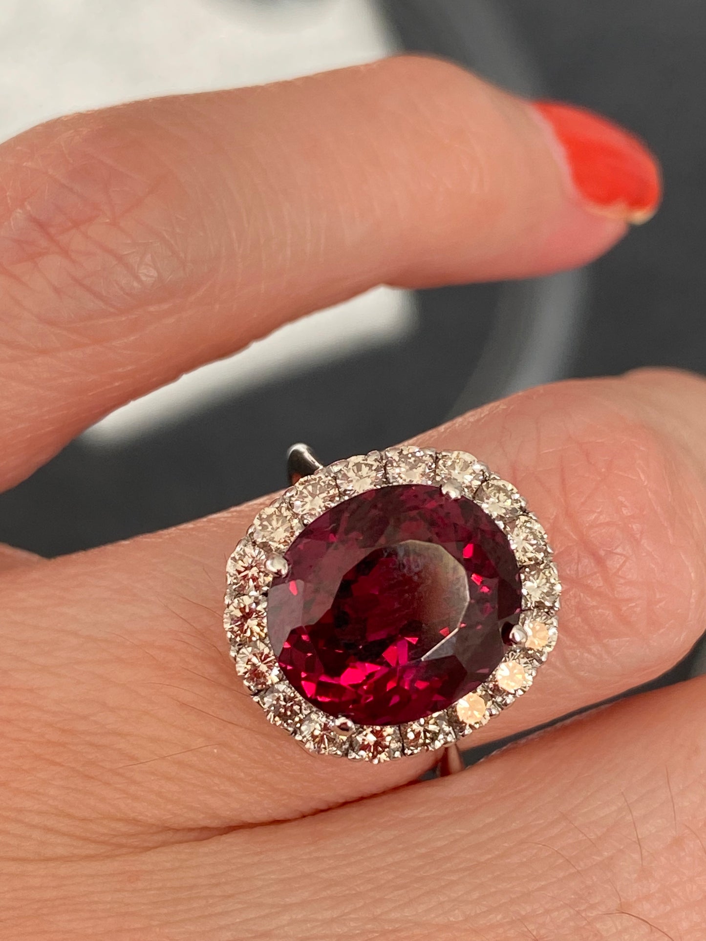 7.50 Carat Rhodolite Garnet and Diamond Halo Cocktail Ring in 18ct White Gold