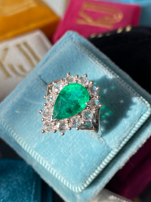 3.00 CTW Pear Cut Emerald and Diamond Ring in 18ct White Gold