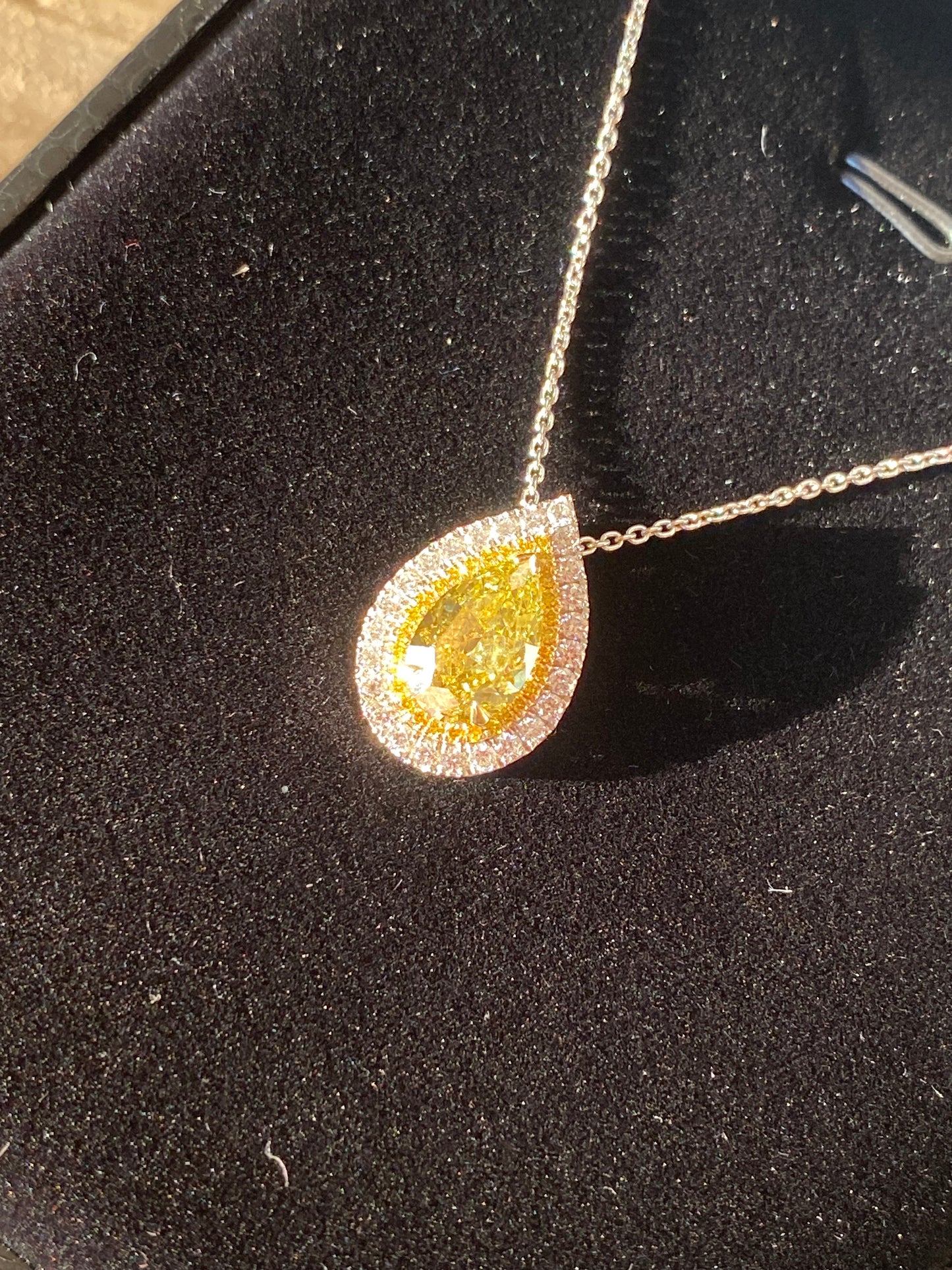 2.00 Carat Fancy Yellow Pear Cut Diamond Halo Necklace in Platinum