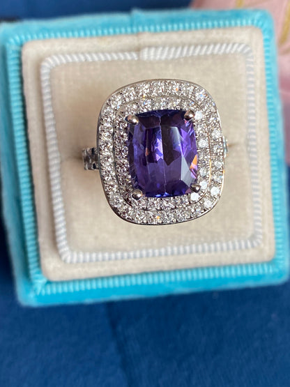 5.42 Carat Cushion Cut Tanzanite and 1.68 ctw Natural Diamond Cocktail Ring in Platinum