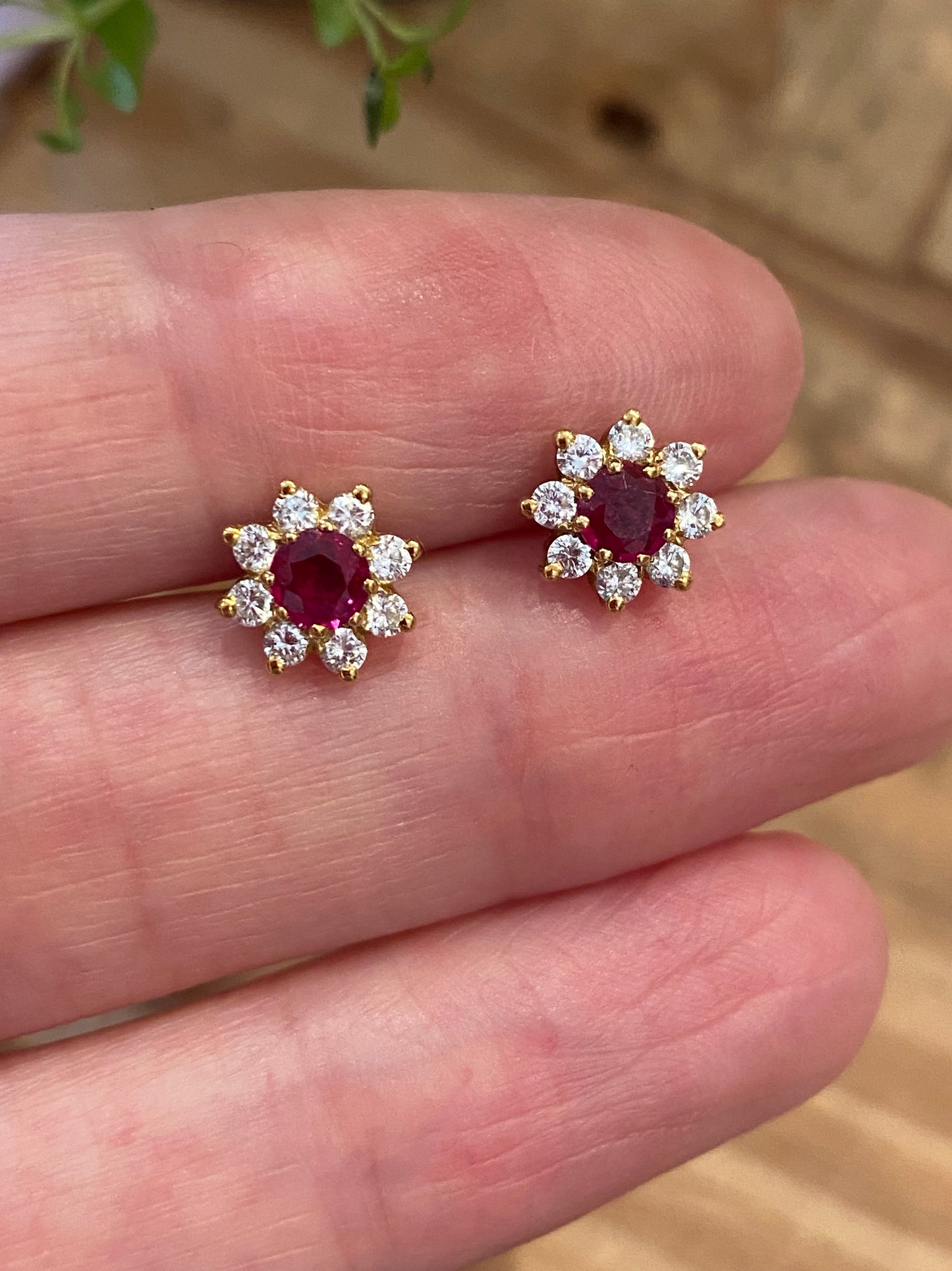 Ruby and Diamond Halo Earrings in 18ct Yellow Gold