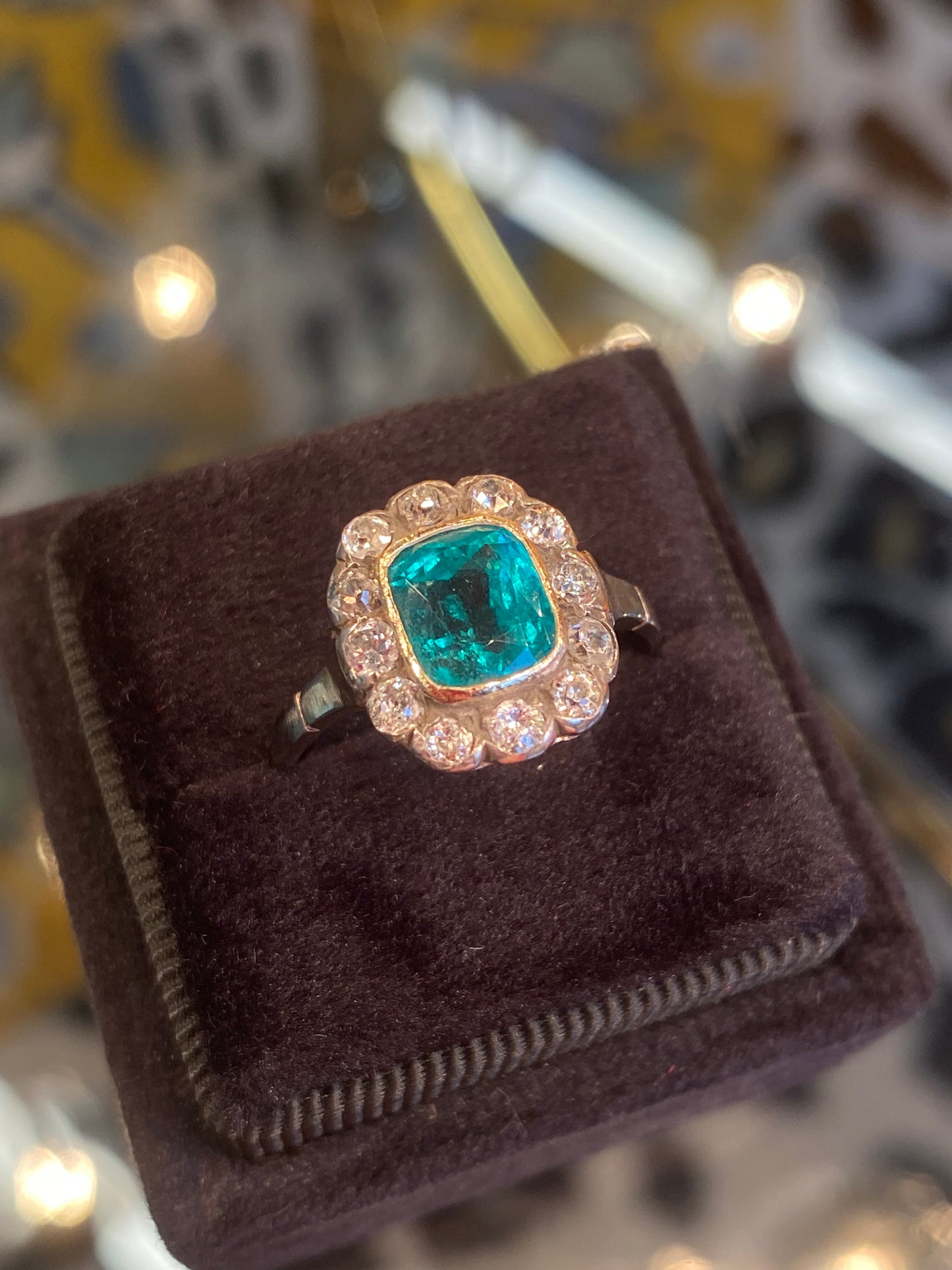 Antique Colombian Emerald and Old Cut Diamond Halo Ring in 18ct Yellow Gold