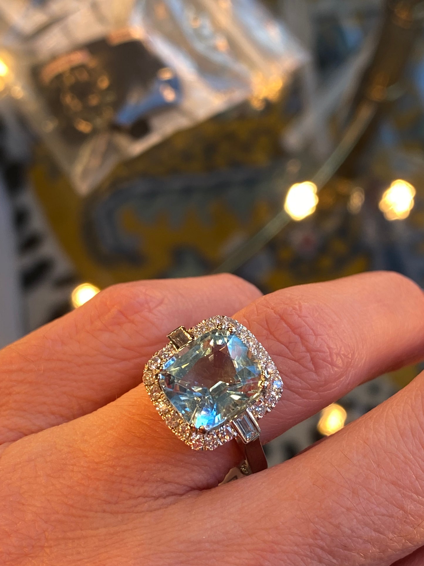 5.12 CTW Cushion Cut Aquamarine and Natural Diamond Halo Engagement Ring in Platinum