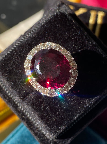 7.50 Carat Rhodolite Garnet and Diamond Halo Cocktail Ring in 18ct White Gold