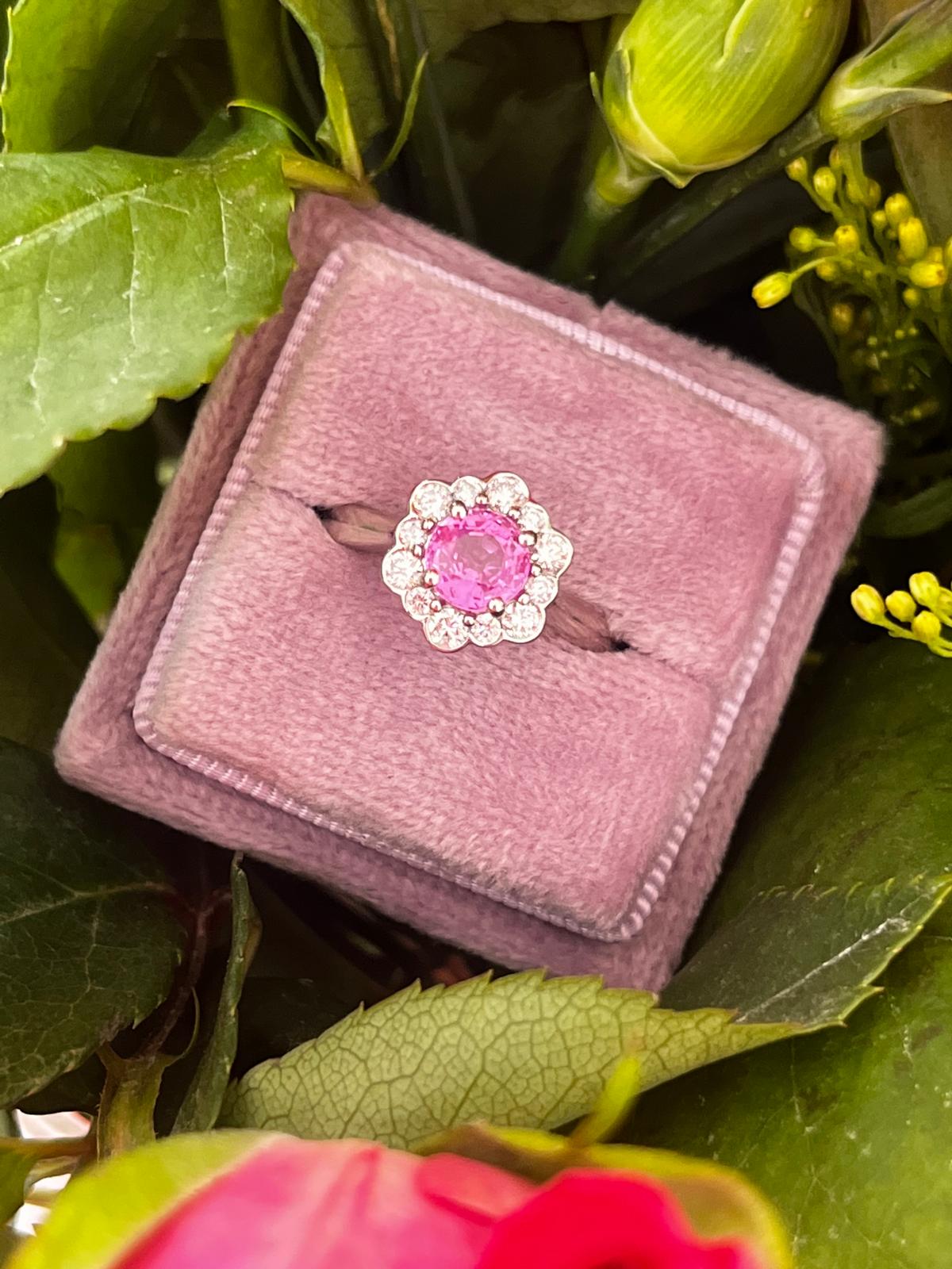 1.26 CTW Round Cut Pink Sapphire and Natural Diamond Halo Engagement Ring in Platinum